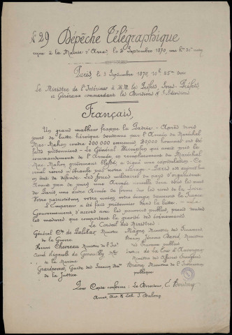 Dépêche télégraphique : un grand malheur frappe la patrie… 40000 hommes ont été faits prisonniers…