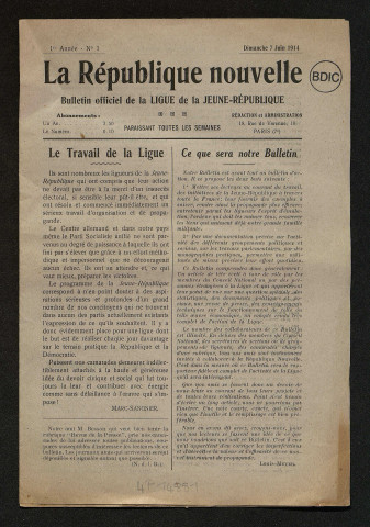 La République nouvelle, Bulletin officiel de la Ligue de la Jeune-République