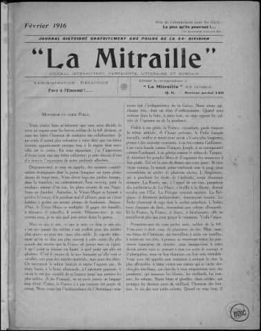 La Mitraille (1916-1919 : n°s 1-31;34 ), Sous-Titre : Journal intermittent, fantaisiste, littéraire et mondain