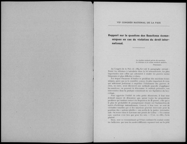 Congrès national de la paix. Clermont-Ferrand. 1911. Rapport sur la question des sanctions économiques en cas de violation du droit international