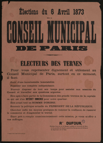 Elections du Conseil Municipal : Je viens m'offrir à vos suffrages Rld Dufour