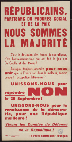 Républicains, partisans du progrès social et de la paix nous sommes la majorité : unissons-nous pour répondre non le 28 septembre !