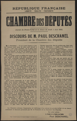 Chambre des députés : extrait du procès-verbal de la séance du jeudi 5 août 1915. Discours de M. Paul Deschanel, président de la Chambre des députés