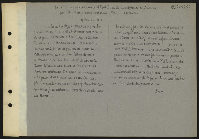 Traduction de la lettre à destination de Paul Dürasch. 17 décembre 1916]