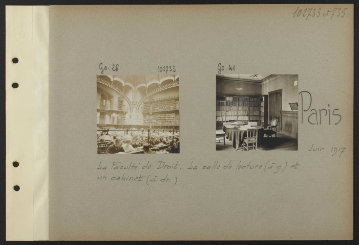 Paris. La faculté de Droit. La salle de lecture (à gauche) et un cabinet (à droite)