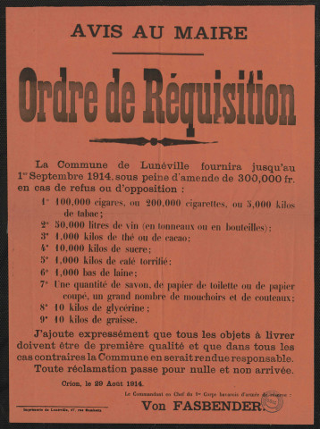 Ordre de Réquisition : la commune de Lunéville fournira jusqu'au 1er septembre 1914, sous peine d'amende & tous les objets à livrer &