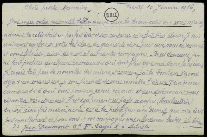 Lettres de prisonniers filleuls des élèves, École P.Bertrand à Boulogne sur Mer