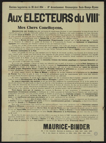 Aux électeurs du VIIIème : c'est, j'en ai la conviction, entraînés par un même souffle d'honnêteté et de patriotisme, que tous vous irez au scrutin du 26 avril