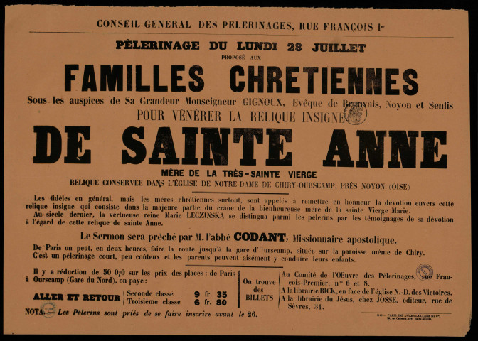 Pélérinage Proposé aux familles chrétiennes Pour vénérer la relique insigne de Sainte Anne