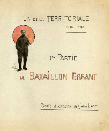 Page de titre du livre : le titre est manuscrit et accompagné du portrait d'un soldat