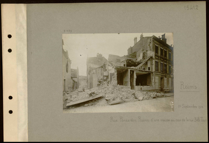 Reims. Rue Ponsardin. Ruines d'une maison au coin de la rue Belle-Tour