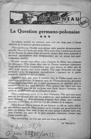 Le veilleur bourbonnais (1933 : juin). Sous-Titre : La question germano-polonaise