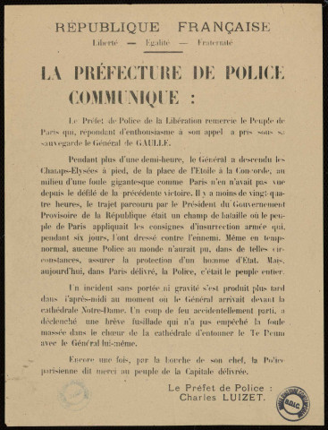 Le préfet de Police de la Libération remercie le peuple de Paris