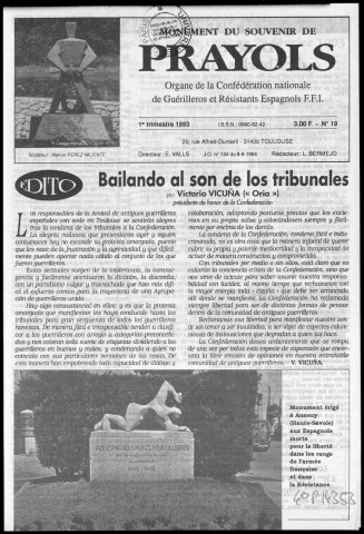 Monument du souvenir de Prayols (1993 : n° 19-21). Sous-Titre : organe de la Confédération d'Amicales Départementales d'Anciens Guerilleros Espagnols en France (F.F.I.)