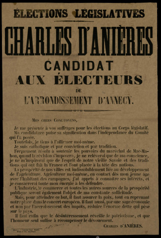 Candidat aux électeurs de l'arrondissement d'Annecy : Charles d'Anières