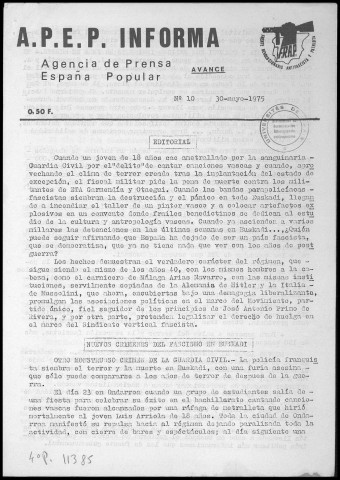A.P.E.P. Informa (1975 : n°10;12). Sous-Titre : Agencia de Prensa España Popular. Avance. Autre titre : Agencia de Prensa España Popular. International