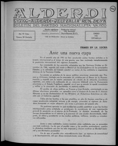 Alderdi (1952 : n° 58-69). Sous-Titre : Boletín del Partido nacionalista vasco
