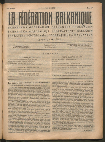Avril 1925 - La Fédération balkanique