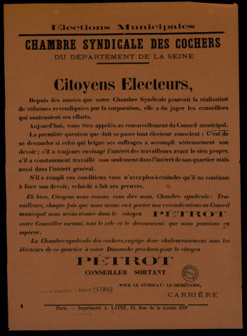 Élections Municipales : Chambre syndicale des Cochers Voter Pétrot