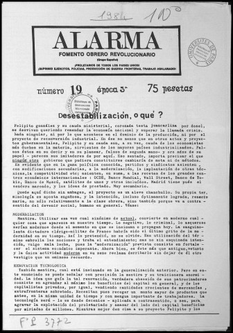 Alarma (1984 ; n°19). Sous-Titre : Boletín de Fomento obrero revolucionario. Autre titre : Boletín de FOR