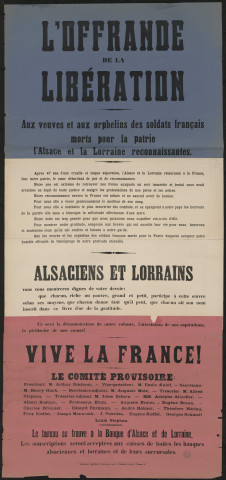 L'offrande de la libération : aux veuves et aux orphelins des soldats français morts pour la patrie l'Alsace et la Lorraine reconnaissantes