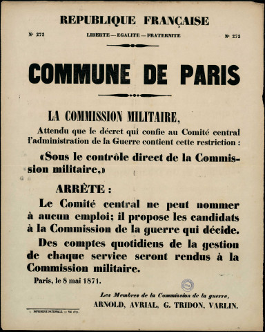 N°273. La commission militaire Arrête Le comité central ne peut mener à aucun emploi