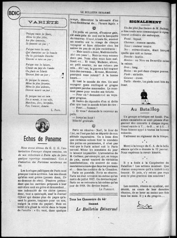Le Bulletin Désarmé (1918-1919 : n°s 1-13), Sous-Titre : Organe du 44e bataillon de chasseurs à pied