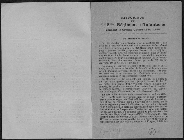 Historique du 112ème régiment d'infanterie
