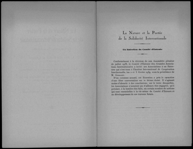 La nature et la portée de la solidarité internationale. Sous-Titre : Comité d'entente des grandes associations internationales