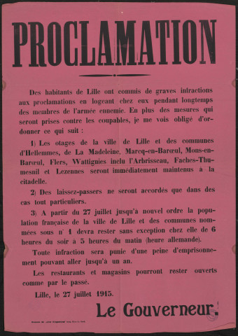 Des habitants de Lille ont commis de graves infractions aux proclamations en logeant chez eux pendant longtemps des membres de l'armée ennemie