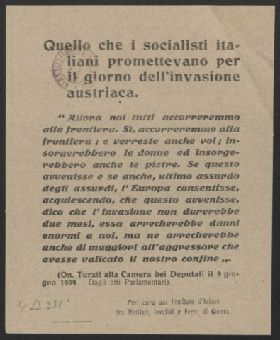 Guerre mondiale 1914-1918. Italie. Propagande patriotique à Milan