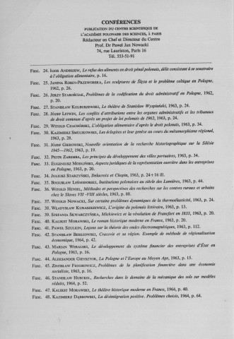 Conférences (1974; n°105; 108)  Sous-Titre : Académie Polonaise des Sciences et Lettres Centre polonais de recherches scientifiques de Paris