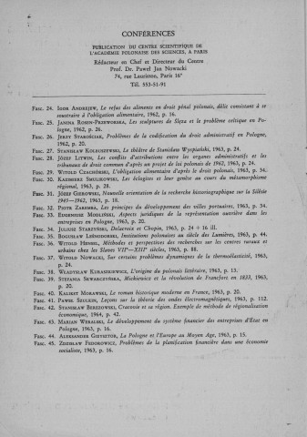 Conférences (1971; n°90)  Sous-Titre : Académie Polonaise des Sciences et Lettres Centre polonais de recherches scientifiques de Paris