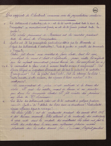 Raismes (59) : réponses au questionnaire sur le territoire occupé par les armées allemandes