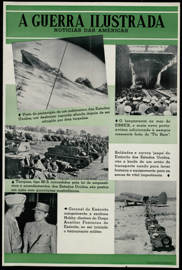 Affiche en portugais avec des photos de guerre