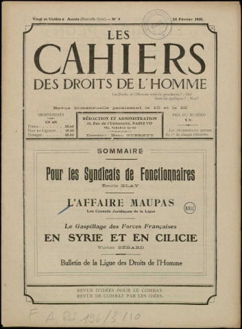10.- Cahiers des droits de l'homme (CDH). 25 février 1921. "L'affaire Maupas. Les Conseils Juridiques de la Ligue.". Sous-Titre : Dossier Blanche Maupas