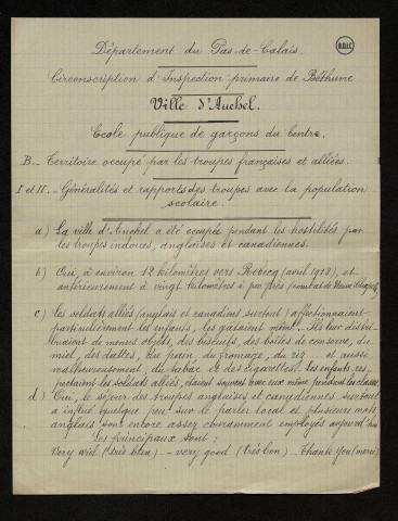 Circonscription de Béthune (62) : réponses au questionnaire portant sur le territoire occupé par les armées françaises et alliées