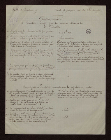Tourcoing (59) : réponse au questionnaire concernant les zones occupées par les armées allemandes