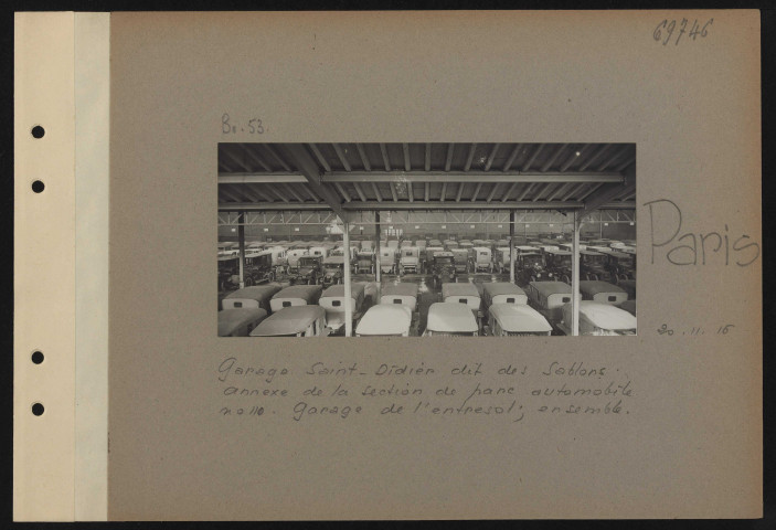 Paris. Garage Saint-Didier dit des Sablons. Annexe de la section de parc automobile numéro 110. Garage de l'entresol ; ensemble