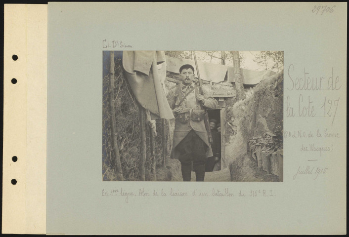 Secteur de la Cote 127 (sud-ouest et nord-ouest de la Ferme des Wacques). En première ligne. Abri de liaison d'un bataillon du 315e régiment d'infanterie