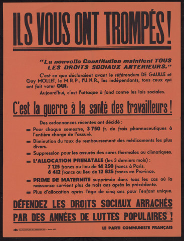 Ils vous ont trompés !… C'est la guerre à la santé des travailleurs !… Défendez les droits sociaux arrachés par des années de luttes populaires !