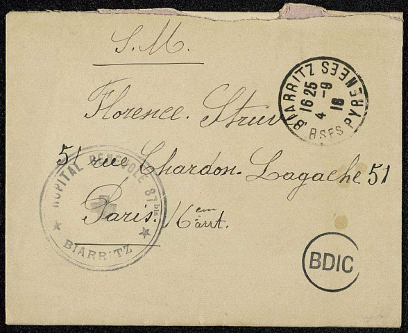Don de Mme Florence Struve : lettres reçues par Florence Struve du 15/9/1916 au 16/9/1918.