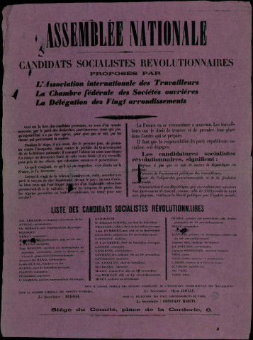 Candidats Socialistes Révolutionnaires proposés par L'Association internationale des Travailleurs