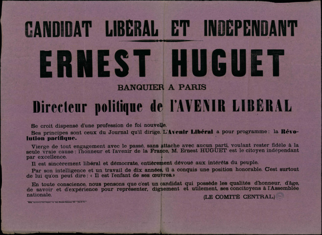 Candidat Libéral et Indépendant : Ernest Huguet