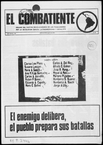 El Combatiente n°179, 20 de agosto de 1975. Sous-Titre : Organo del Partido Revolucionario de los Trabajadores por la revolución obrera latinoamericana y socialista