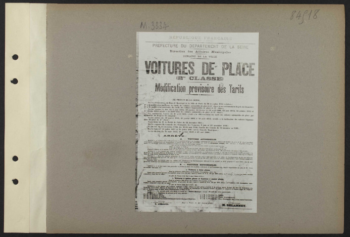 [Préfecture du département de la Seine. Voitures de place (2ème classe). Modification provisoire des tarifs] [23 janvier 1917]
