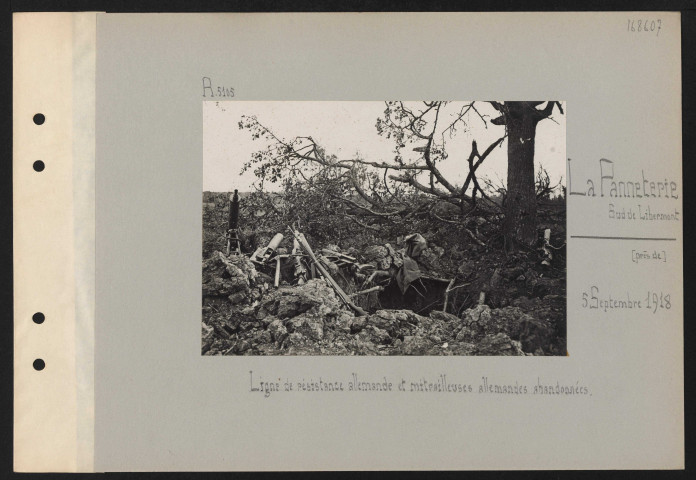 La Panneterie (sud de Libermont) (près de). Ligne de résistance allemande et mitrailleuses allemandes abandonnées