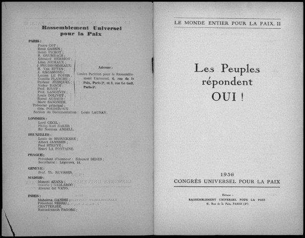 Les peuples répondent oui!. Sous-Titre : 1936 congrès universel pour la paix. Autre titre : Le monde entier pour la paix II