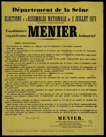 Elections à l'Assemblée nationale du 2 juillet 1871 : Candidature républicaine Menier