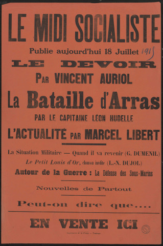 Le Midi socialiste : le devoir & La bataille d'Arras &